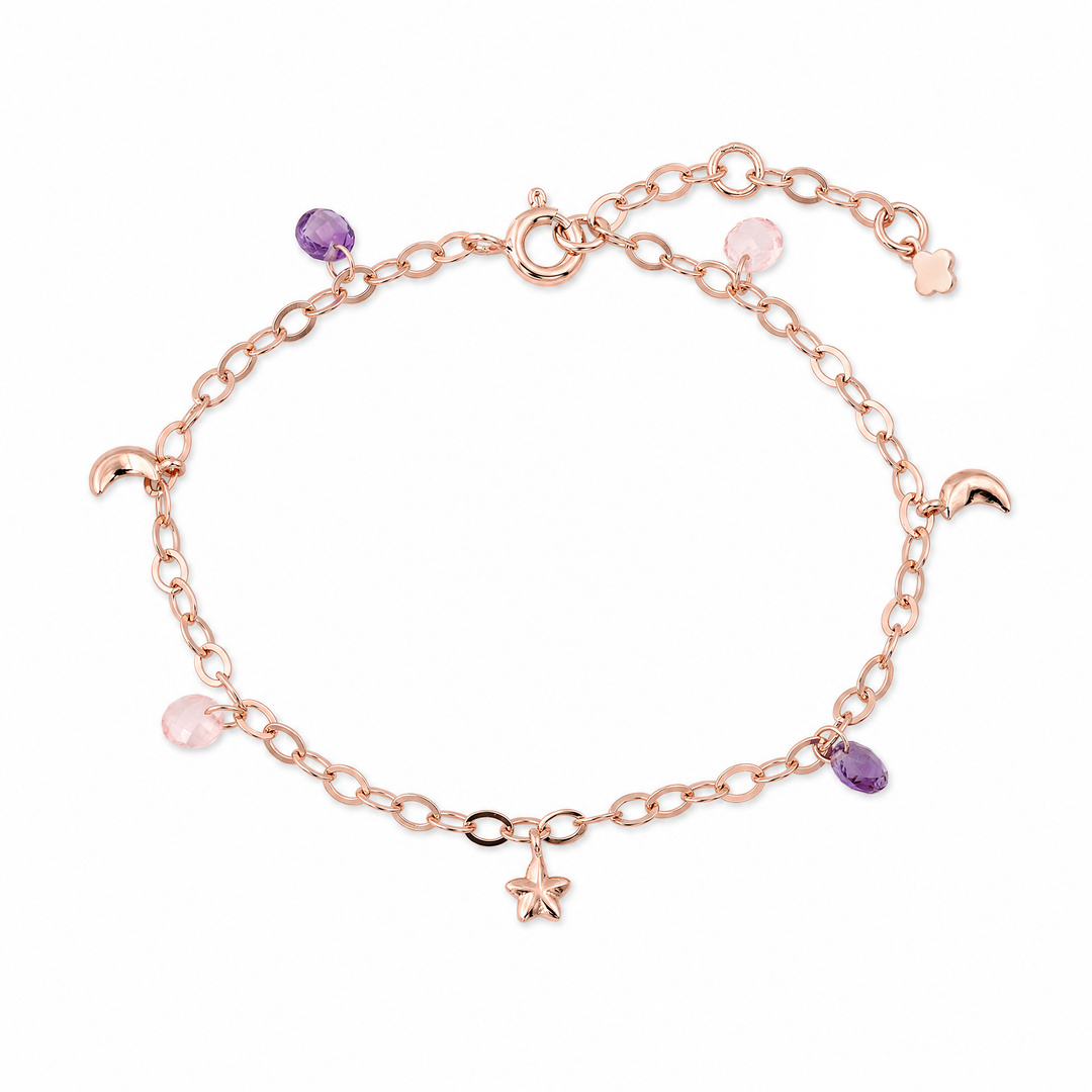 Armband „Lunella“ mit Mond und Stern, Amethyst und Rosenquarz, Sterling Silber rosévergoldet