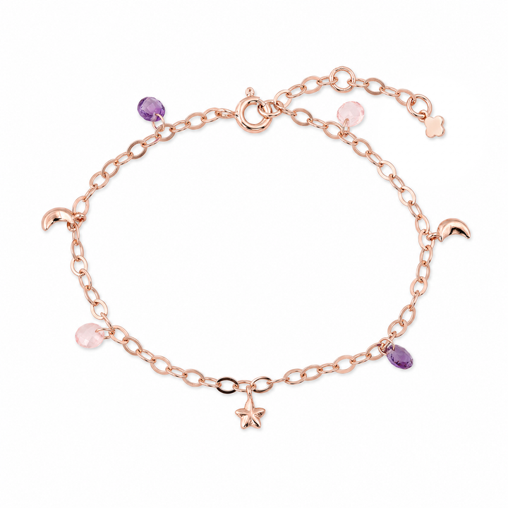 Armband „Lunella“ mit Mond und Stern, Amethyst und Rosenquarz, Sterling Silber rosévergoldet