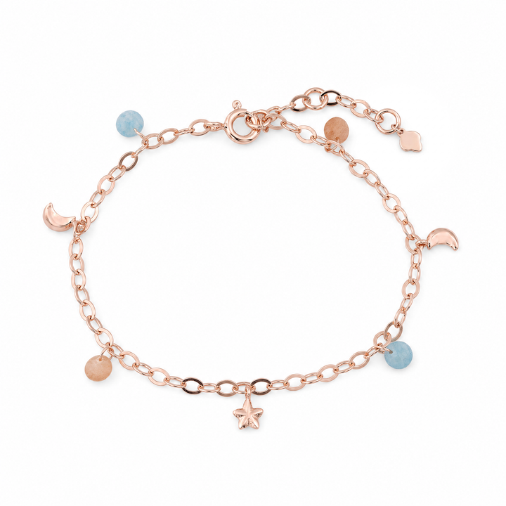 Armband „Lunella“ mit Mond und Stern, Aqua-Quarz und Pfirsich-Mondstein, Sterling Silber rosévergoldet