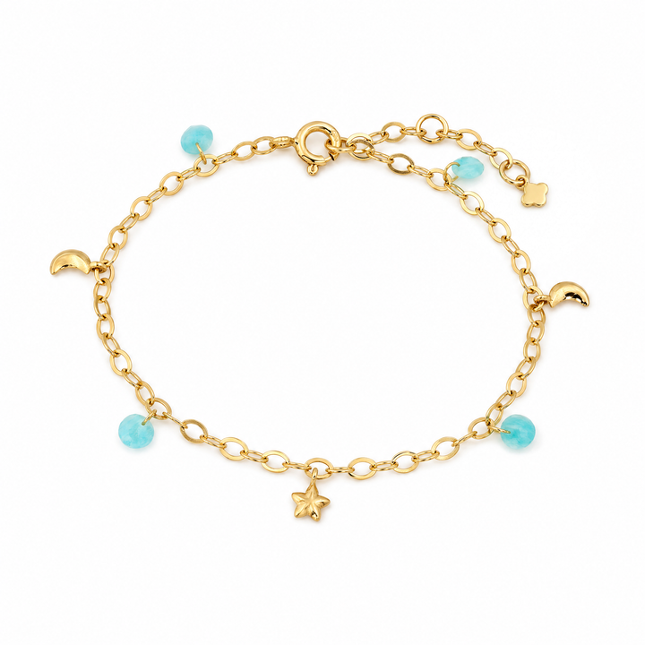 Armband „Lunella“ mit Mond und Stern und Amazonit, Sterling Silber vergoldet