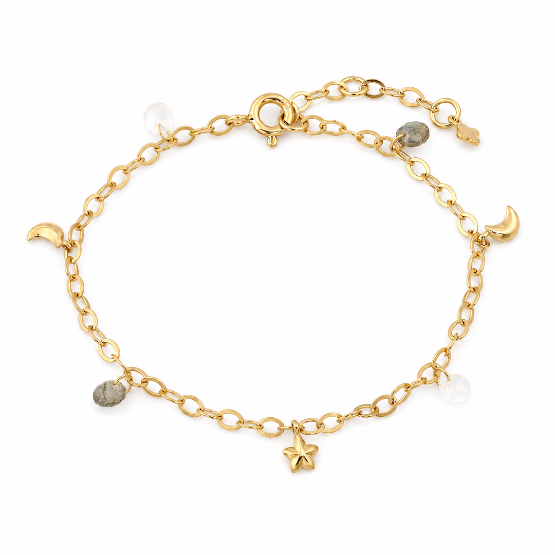 Armband „Lunella“ mit Mond und Stern, Labradorit und Mondstein, Sterling Silber vergoldet