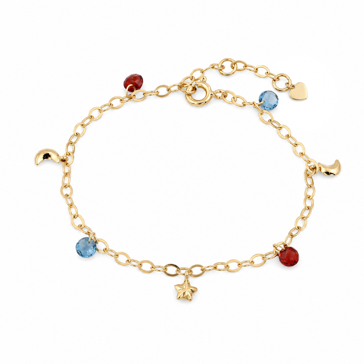 Armband „Lunella“ mit Mond und Stern, Londoner Blautopas und Granat, Sterling Silber vergoldet