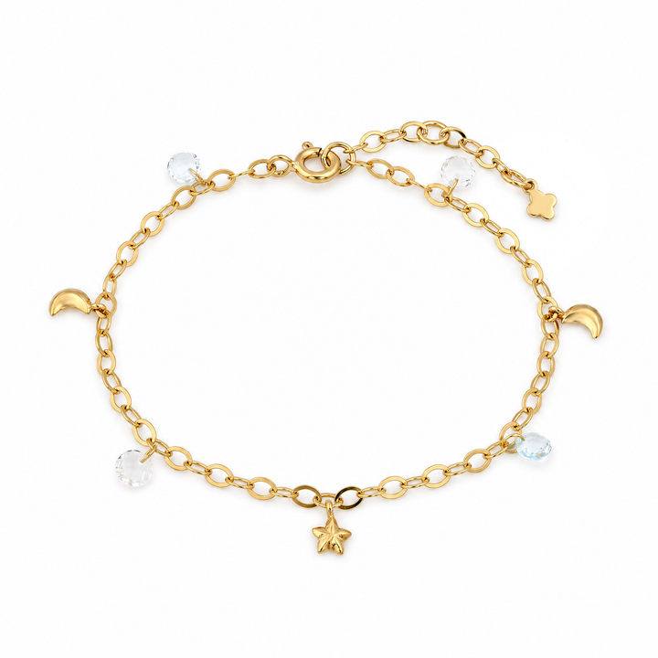 Armband „Lunella“ mit Mond und Stern, Blautopas und Bergkristall, Sterling Silber vergoldet