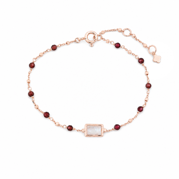 Armband „Laguna“ mit Regenbogen-Mondstein und Granat, Sterling Silber rosévergoldet