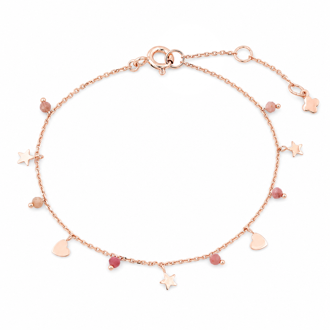 Armband "Cuore" mit Rhodonit, rosévergoldetes Sterling Silber