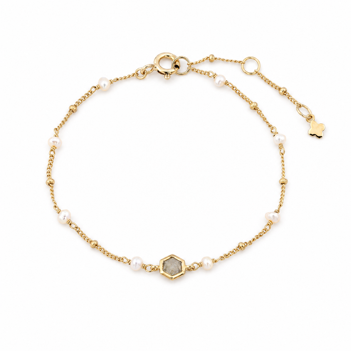 Armband „Capri“ mit Labradorit und weißen Perlen, Sterling Silber vergoldet