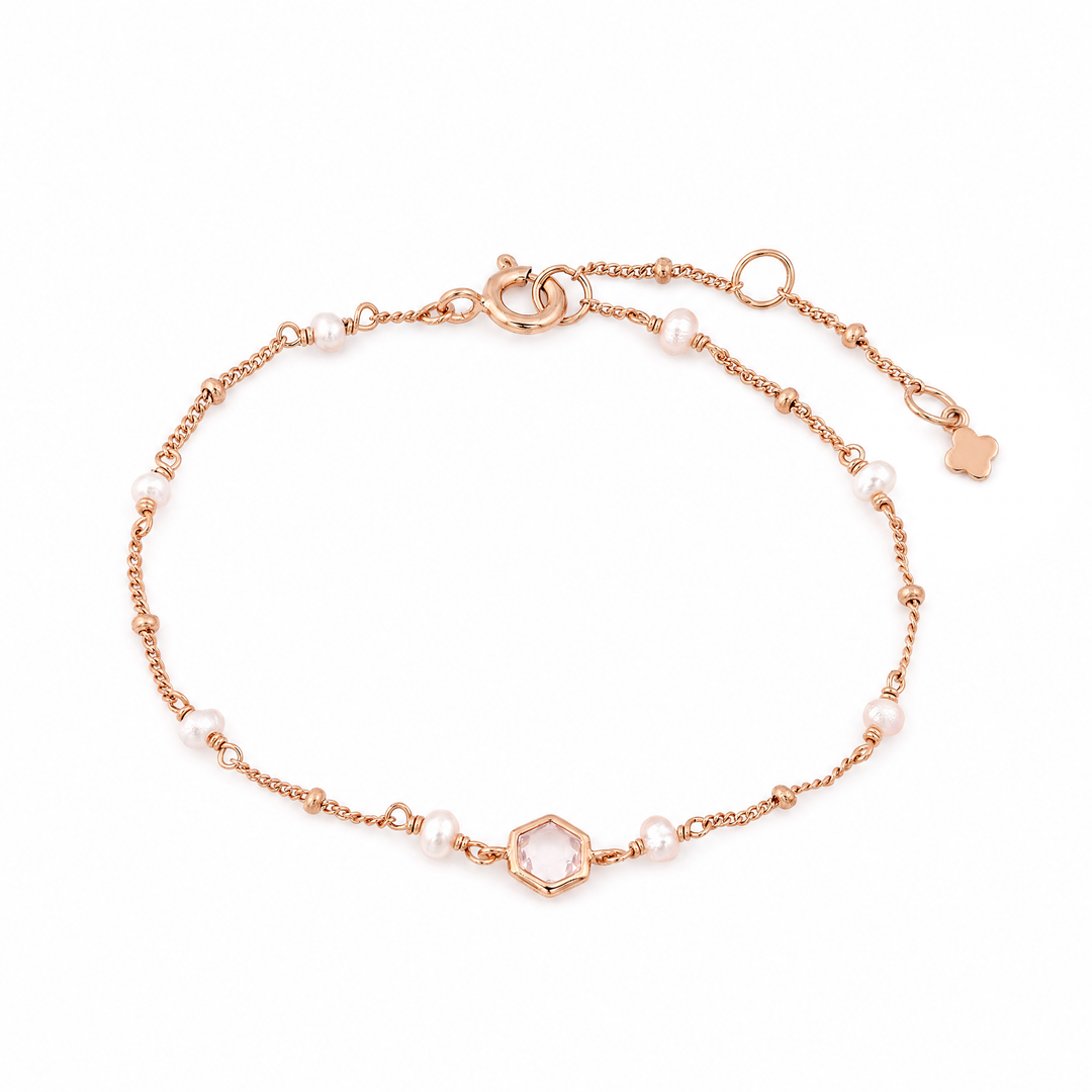 Armband „Capri“ mit Rosenquarz und weißen Perlen, Sterling Silber rosévergoldet
