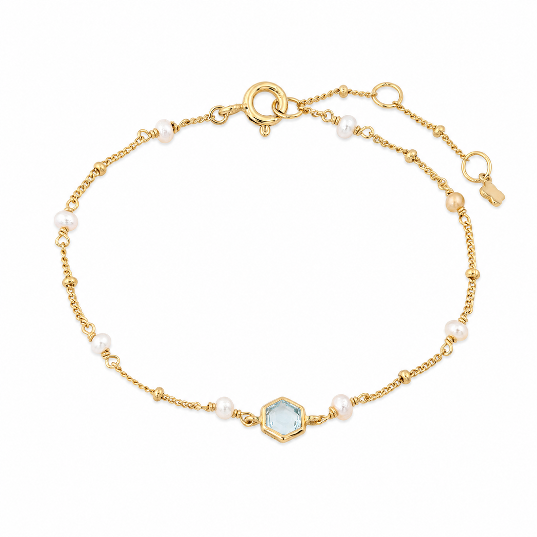 Armband „Capri“ mit himmelblauem Topas und weißen Perlen, Sterling Silber vergoldet