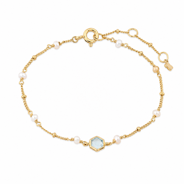 Armband „Capri“ mit himmelblauem Topas und weißen Perlen, Sterling Silber vergoldet