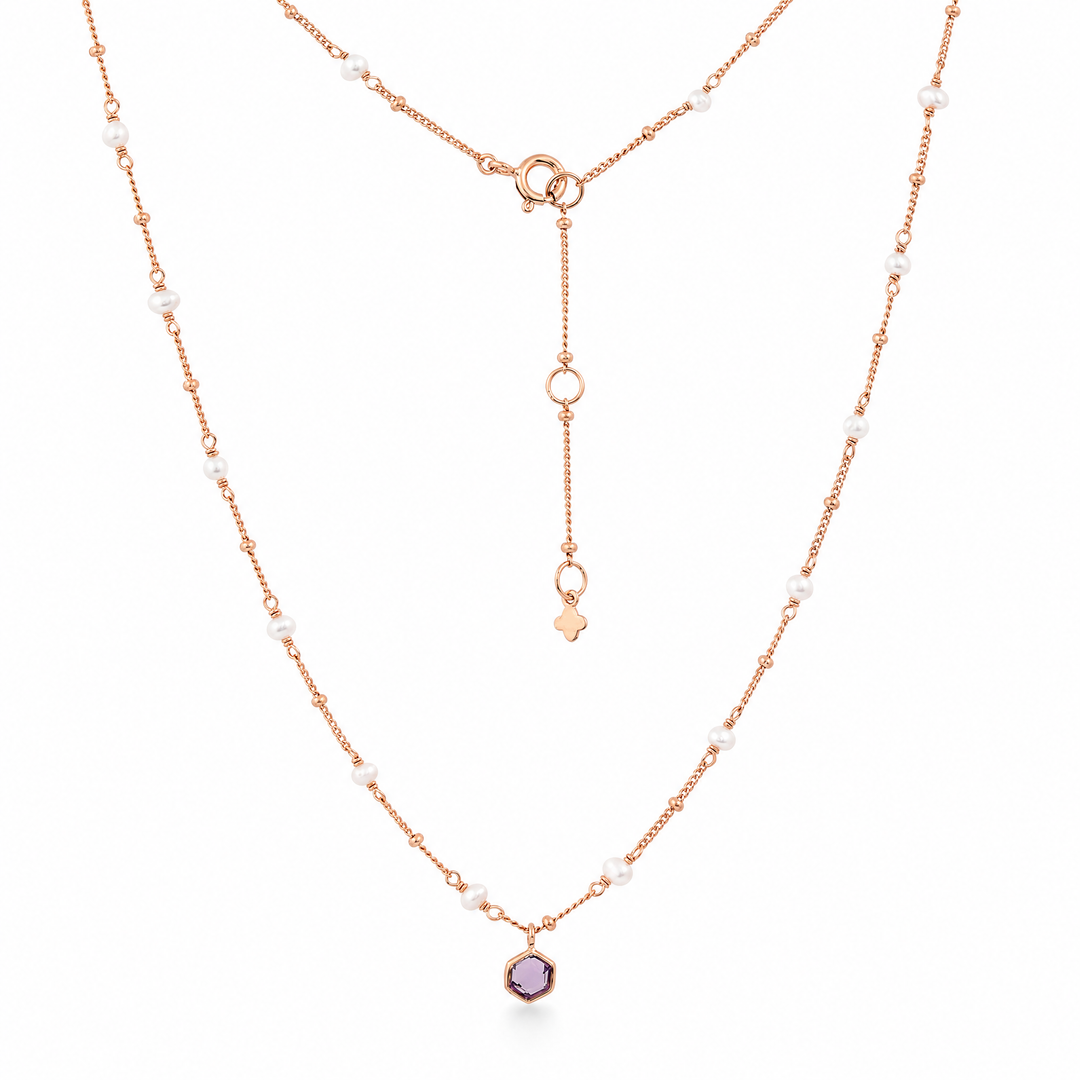 Halskette „Capri“ mit Amethyst und weißen Perlen, Sterling Silber rosévergoldet