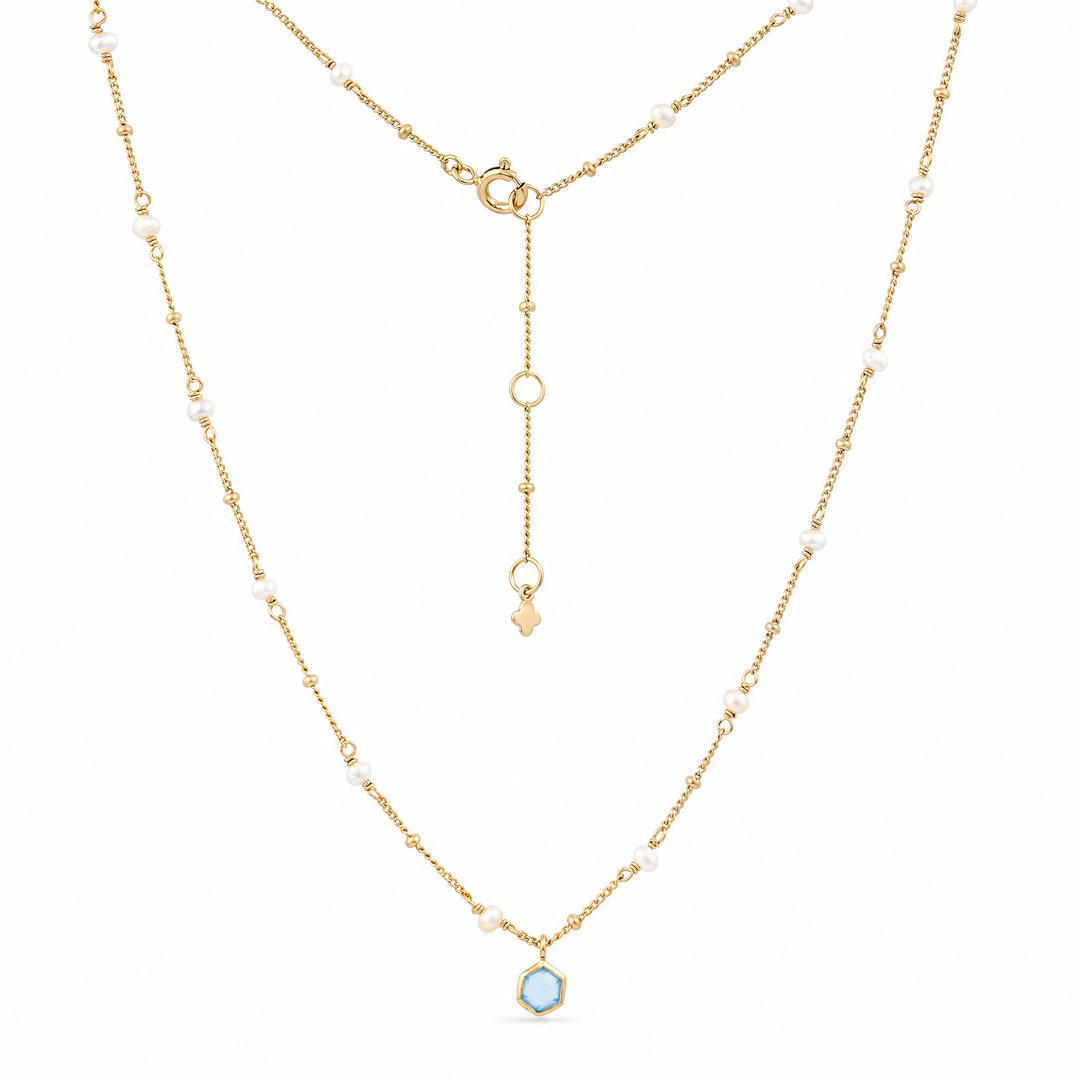 Halskette „Capri“ mit blauem Chalcedon und weißen Perlen, Sterling Silber vergoldet