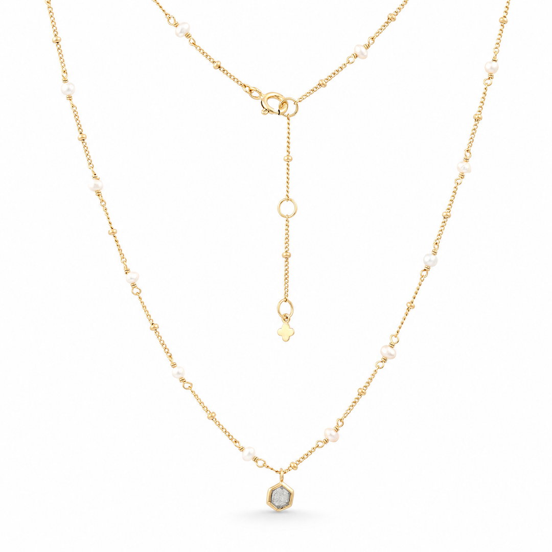 Halskette „Capri“ mit Labradorit und weißen Perlen, Sterling Silber vergoldet