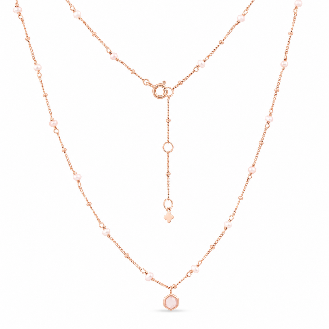 Halskette „Capri“ mit Rosenquarz und weißen Perlen, Sterling Silber rosévergoldet