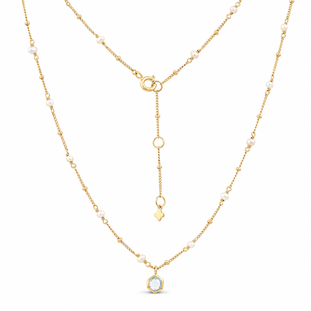 Halskette „Capri“ mit himmelblauem Topas und weißen Perlen, Sterling Silber vergoldet