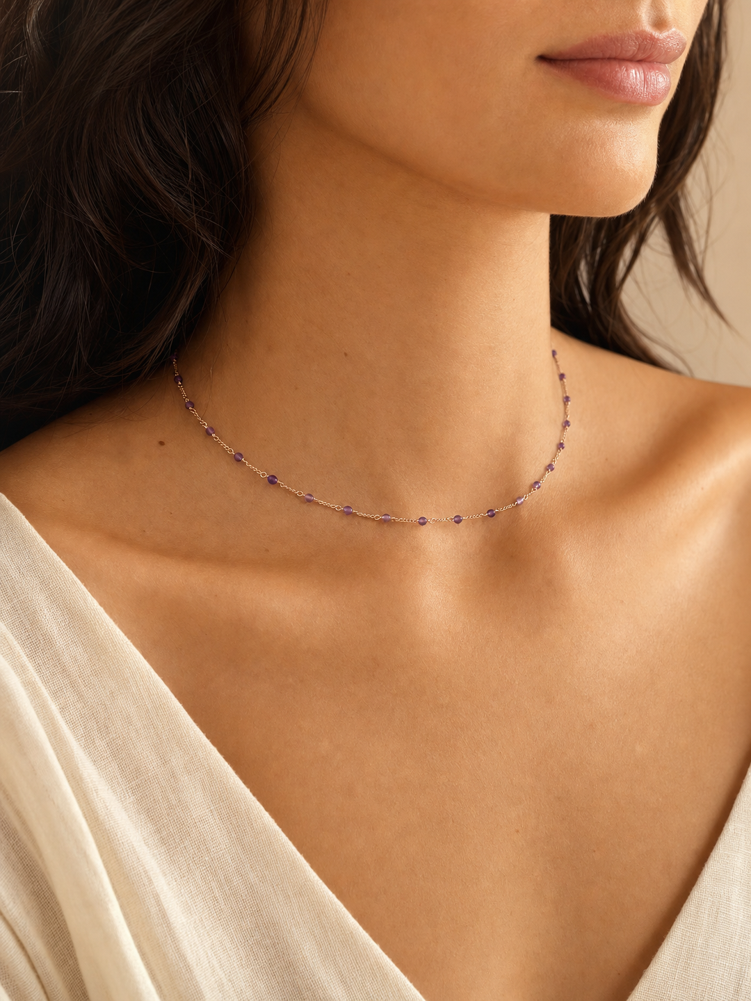 Halskette "Stellina" mit Amethyst, Sterling Silber 925 vergoldet – Detailansicht