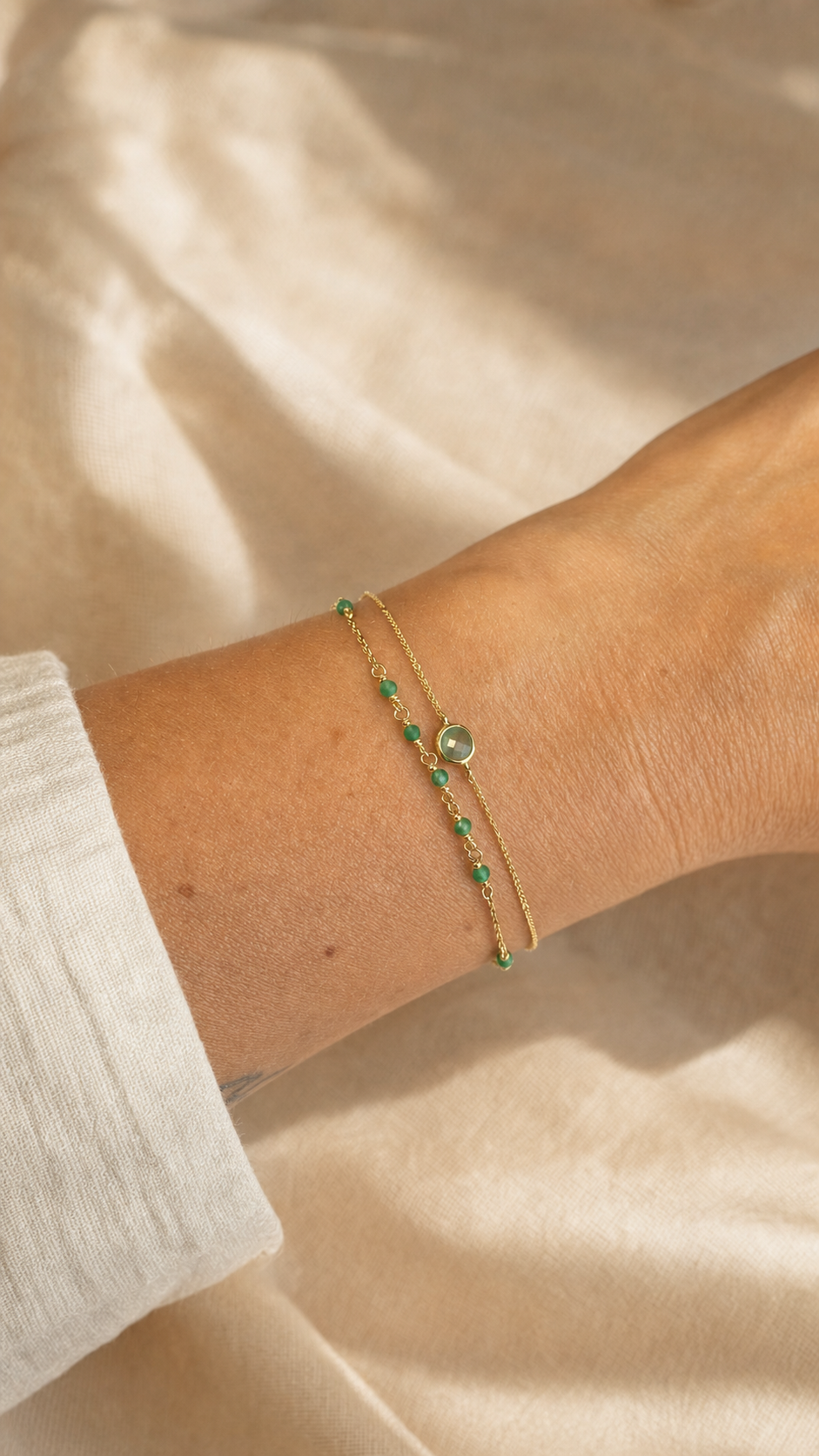 Armband „Duetto“ mit grünem Quarz und grünem Onyx – Detailansicht