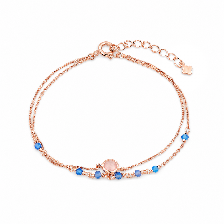 Armband „Duetto“ mit Rosenquarz und blauem Chalcedon, Sterling Silber vergoldet
