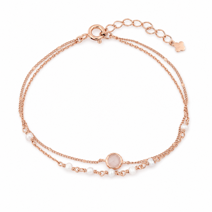 Armband „Duetto“ mit Rosenquarz und blauem Chalcedon, Sterling Silber rosévergoldet