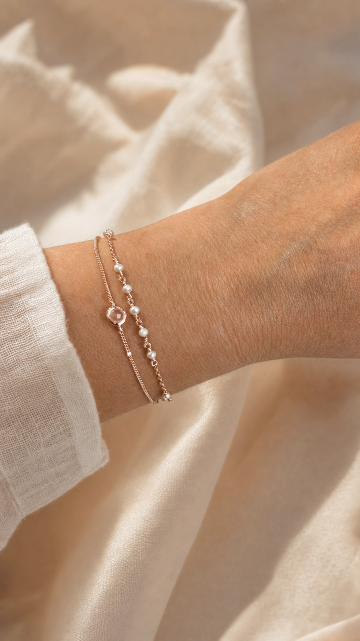 Armband „Duetto“ mit Rosenquarz und blauem Chalcedon – Detailansicht 2